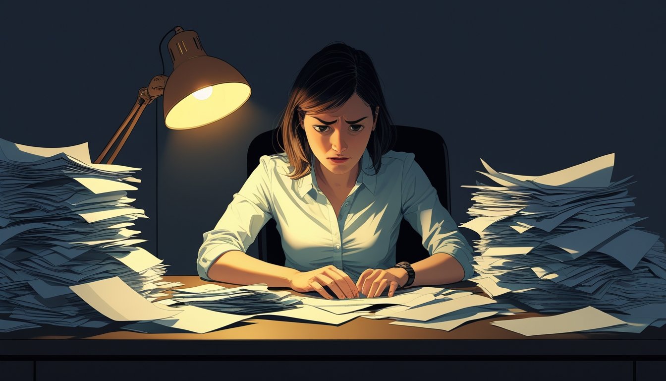 Writer overwhelmed with paper